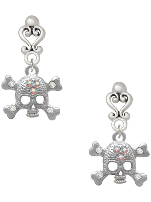 Silver Plated Skull with 3 AB Crystals - Filigree Heart Post Earrings