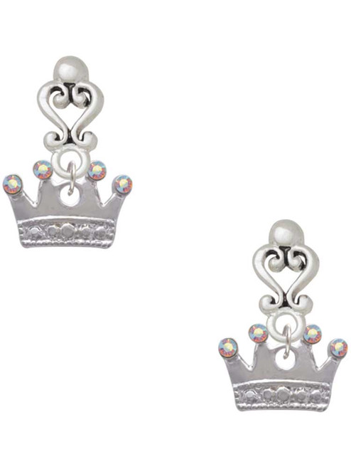 Silver Plated Crown with Crystals and Textured Bottom - Filigree Heart Post Earrings