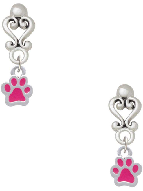 Silver Plated Mini Translucent Hot Pink Paw - Filigree Heart Post Earrings