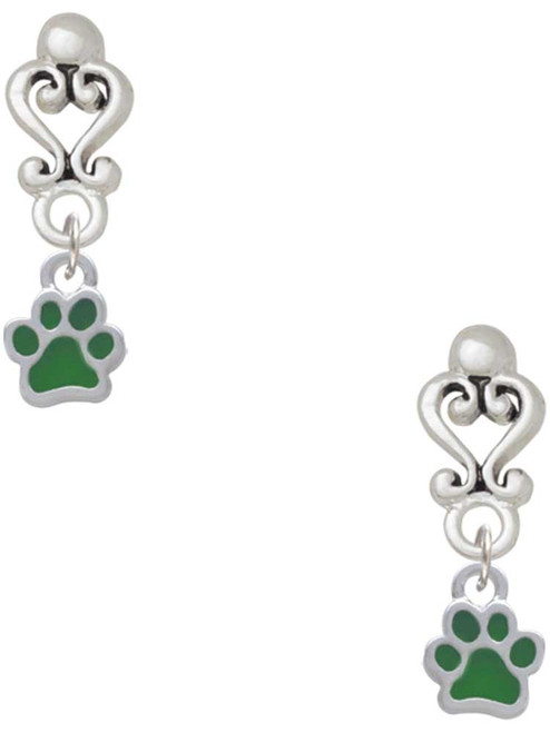 Silver Plated Mini Translucent Green Paw - Filigree Heart Post Earrings