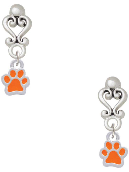 Silver Plated Mini Translucent Orange Paw - Filigree Heart Post Earrings