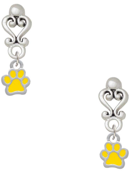 Silver Plated Mini Translucent Yellow Paw - Filigree Heart Post Earrings