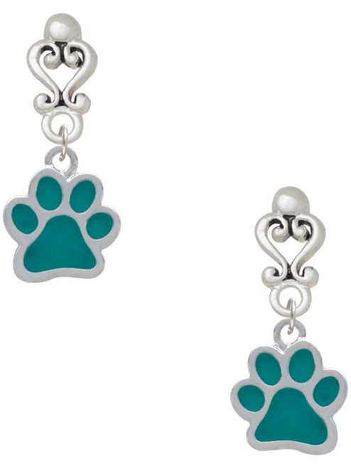 Silver Plated Medium Translucent Teal Paw - Filigree Heart Post Earrings