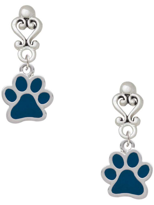 Silver Plated Medium Translucent Navy Paw - Filigree Heart Post Earrings