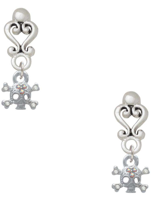 Silver Plated Mini Skull and Bones with 3 AB Crystals - Filigree Heart Post Earrings