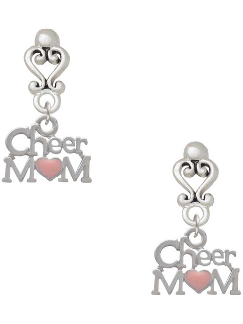 Silver Plated Cheer Mom with Pink Heart - Filigree Heart Post Earrings