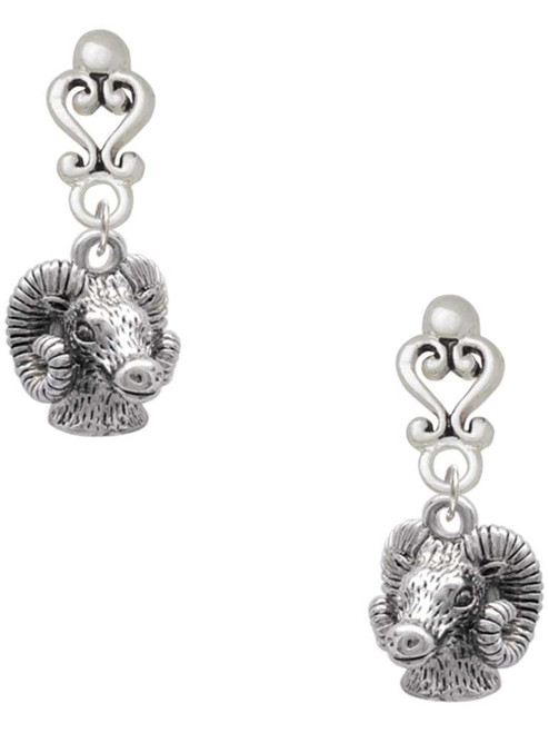 Silver Plated Medium 3-D Ram Head - Filigree Heart Post Earrings