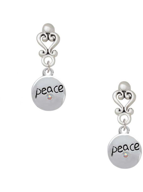 Silver Plated Peace with AB Crystal and Dove - Filigree Heart Post Earrings