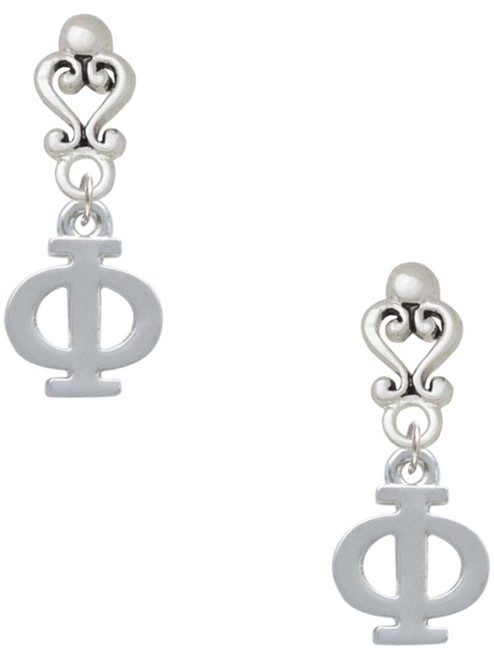 Silver Plated Large Greek Letter - Phi - Filigree Heart Post Earrings