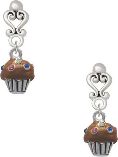 Silver Plated Small Chocolate Cupcake with Crystal Sprinkles - Filigree Heart Post Earrings