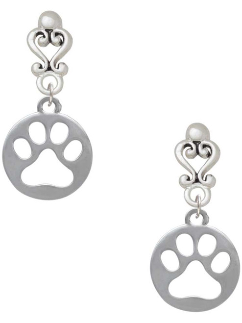 Silver Plated Circle with Cut Out Paw - Filigree Heart Post Earrings