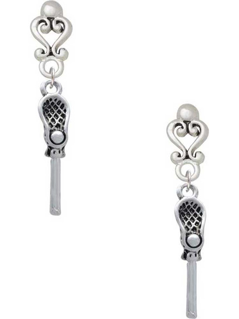 Silver Plated 3-D Lacrosse Stick and Ball - Filigree Heart Post Earrings