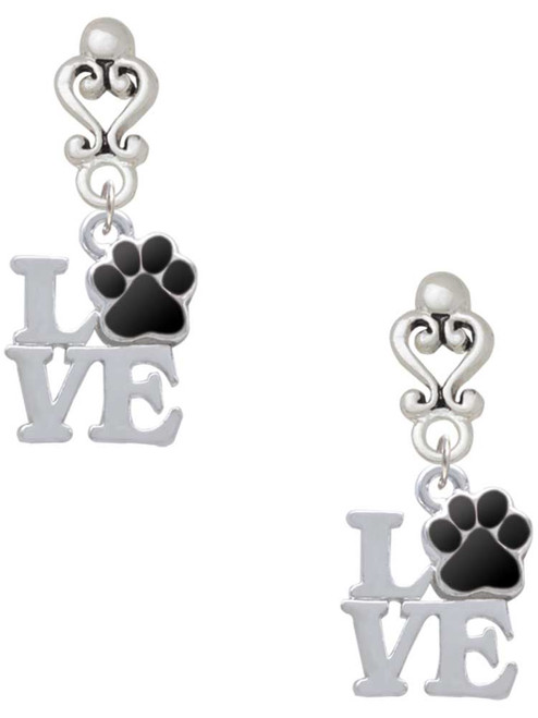 Silver Plated Love with Black Paw - Filigree Heart Post Earrings