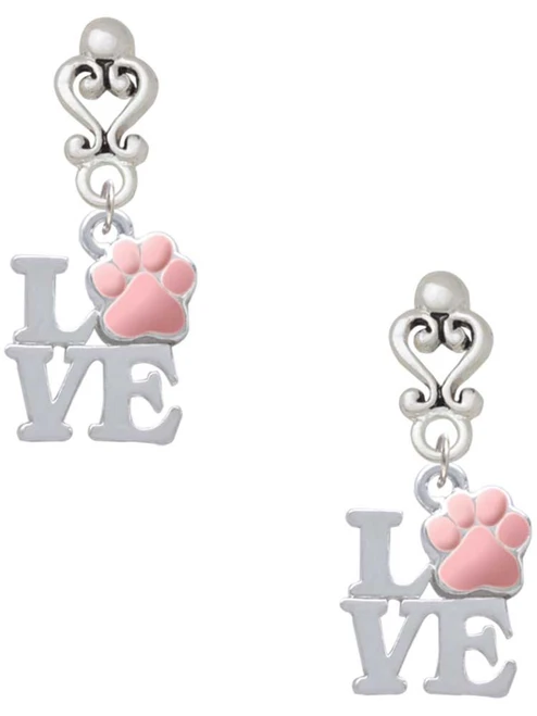Silver Plated Love with Pink Paw - Filigree Heart Post Earrings