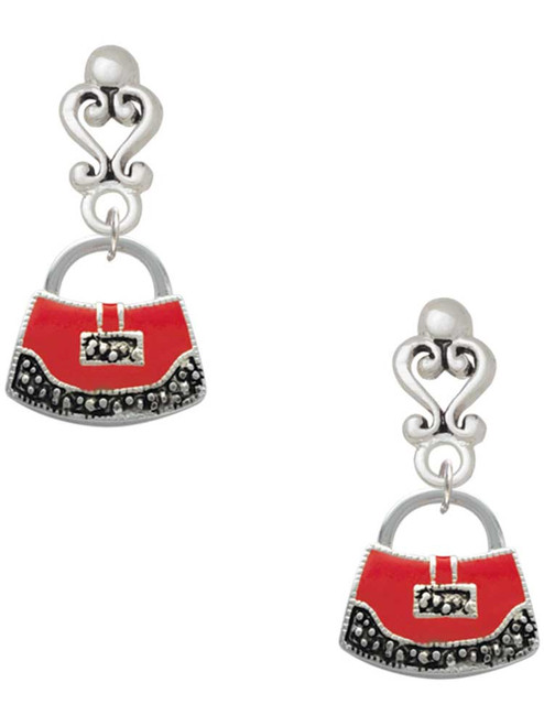 Silver Plated Red Purse - Filigree Heart Post Earrings