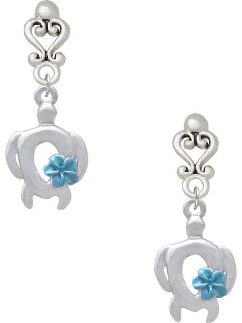 Silver Plated Open Sea Turtle with Blue Plumeria - Filigree Heart Post Earrings