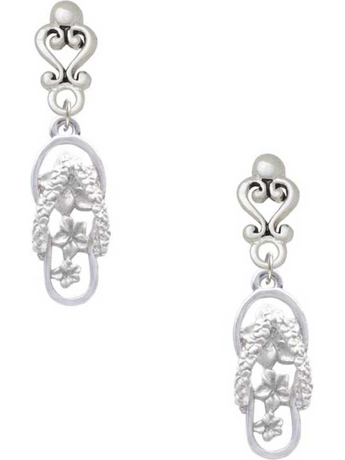 Silver Plated White Open Plumeria Flower Flip Flop - Filigree Heart Post Earrings