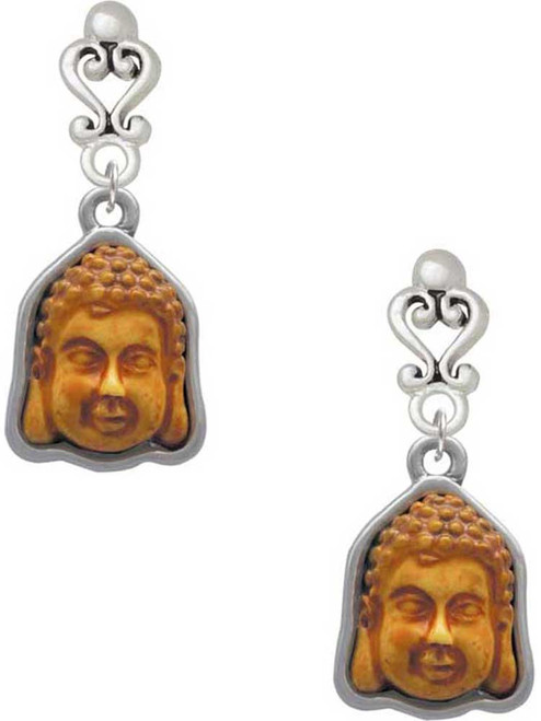 Silver-tone Resin Buddha Head in Frame - Filigree Heart Post Earrings