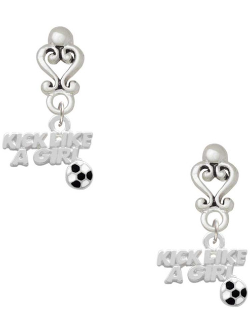 Silver Plated Kick Like a Girl with Enamel Soccer Ball - Filigree Heart Post Earrings