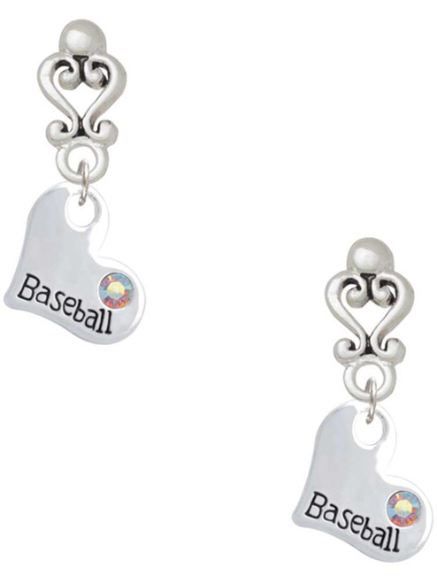 Silver Plated Heart with ''Baseball'' and AB Crystal - Filigree Heart Post Earrings