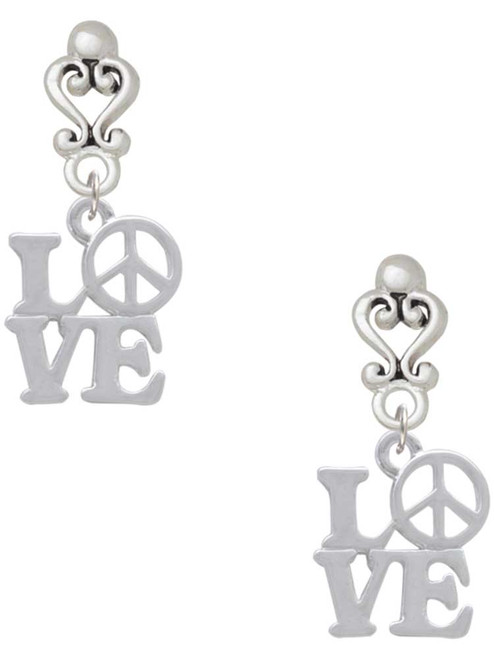 Silver Plated Love with Peace Sign - Filigree Heart Post Earrings