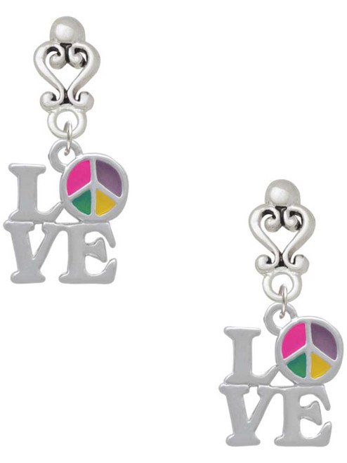 Silver Plated Love with Multicolored Peace Sign - Filigree Heart Post Earrings