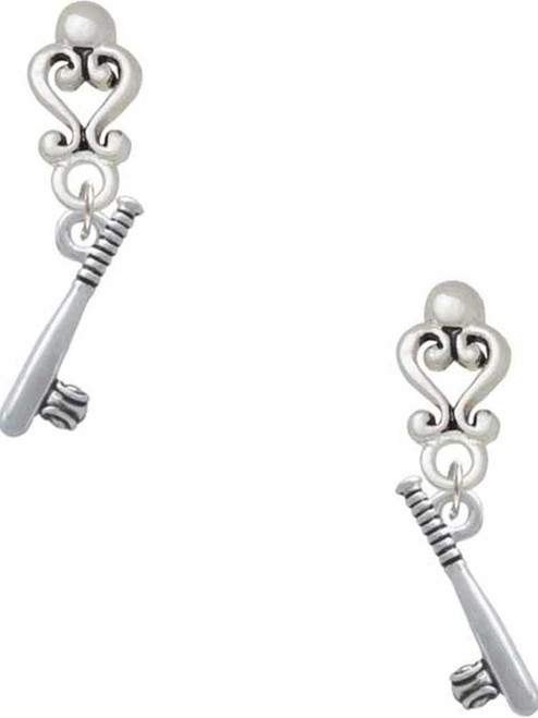 Silver Plated Baseball Bat and Ball - Filigree Heart Post Earrings