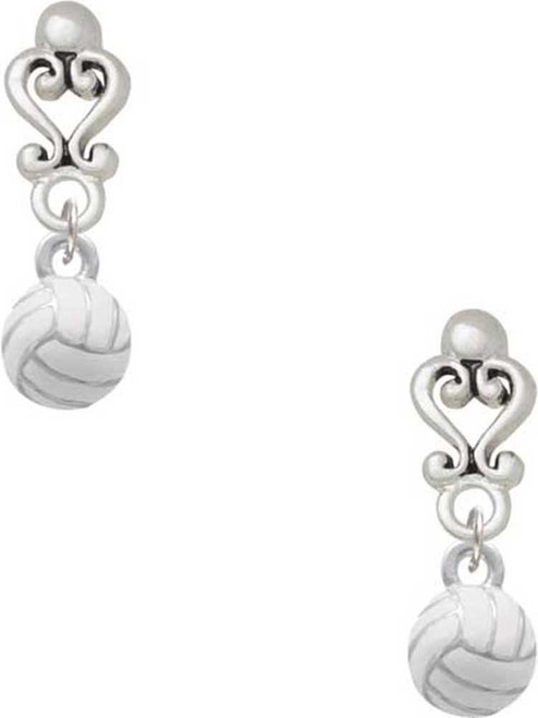 Silver Plated 3-D White Volleyball - Filigree Heart Post Earrings