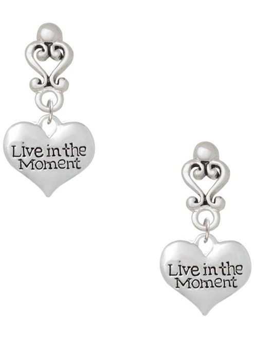 Silver Plated Live in the Moment Heart - Filigree Heart Post Earrings