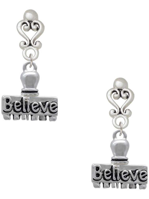 Silver Plated 3-D ''Believe'' Stamp - Filigree Heart Post Earrings