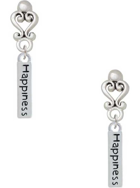 Silver Plated Happiness Rectangle - Filigree Heart Post Earrings