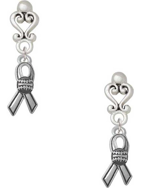 Silver Plated Ribbon with Softball - Filigree Heart Post Earrings