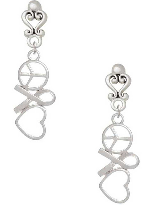 Silver Plated Peace Sign Ribbon Heart - Filigree Heart Post Earrings