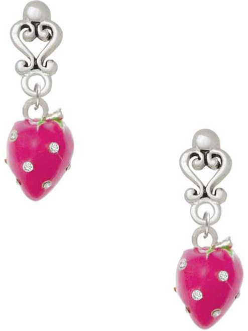 Silver Plated Large 3-D Hot Pink Strawberry with Crystals - Filigree Heart Post Earrings