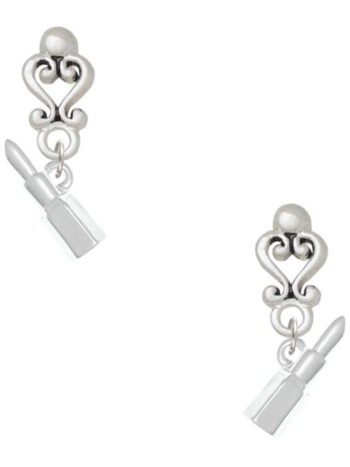 Silver Plated 3-D Lipstick - Filigree Heart Post Earrings