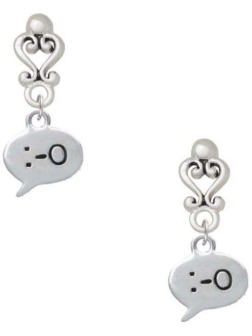 Silver Plated Emoticon :-O - Surprise - Filigree Heart Post Earrings
