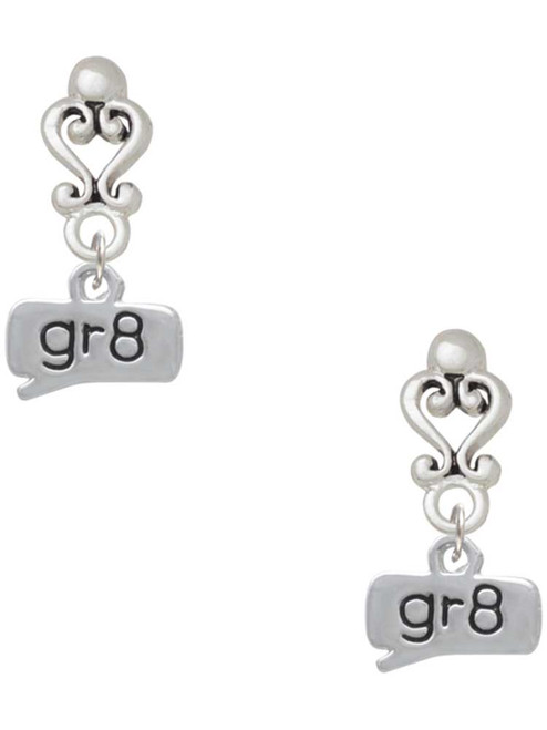 Silver Plated Text Chat - gr8 - Great - Filigree Heart Post Earrings