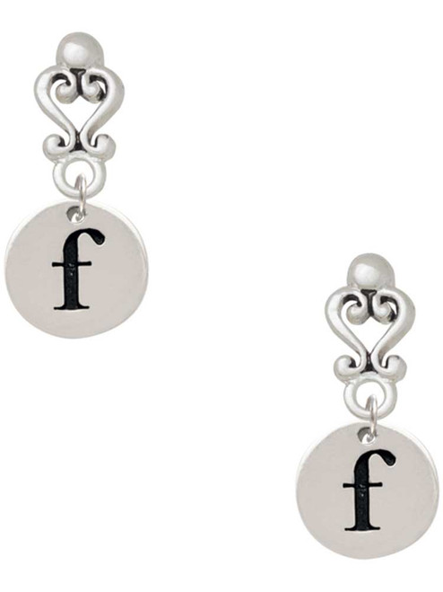 Silver Plated Disc Initial - f - Filigree Heart Post Earrings