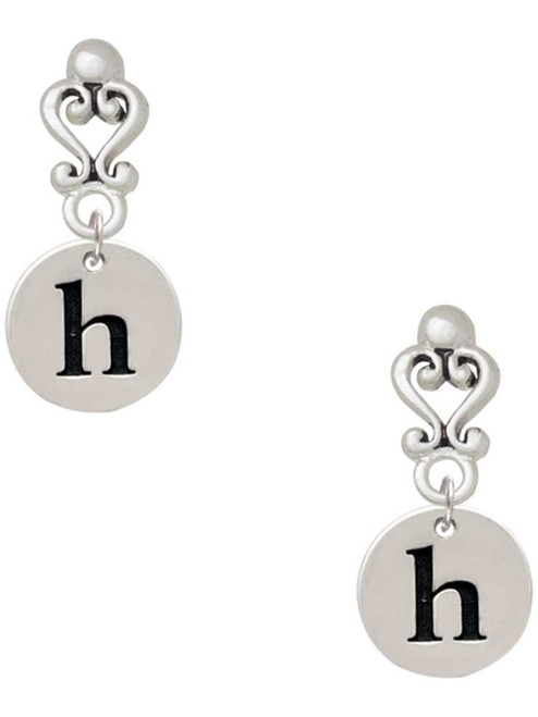 Silver Plated Disc Initial - h - Filigree Heart Post Earrings
