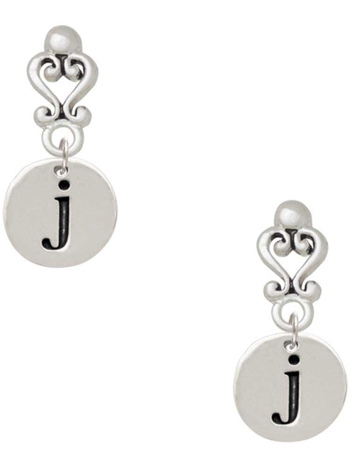 Silver Plated Disc Initial - j - Filigree Heart Post Earrings