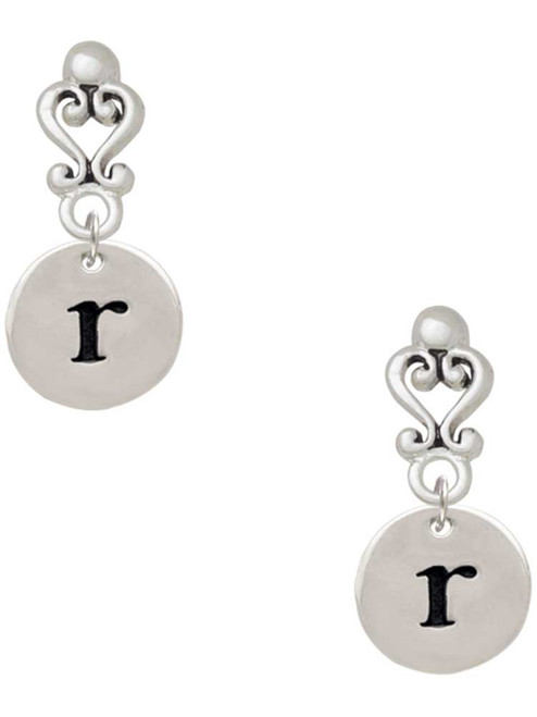 Silver Plated Disc Initial - r - Filigree Heart Post Earrings