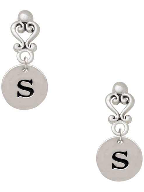 Silver Plated Disc Initial - s - Filigree Heart Post Earrings