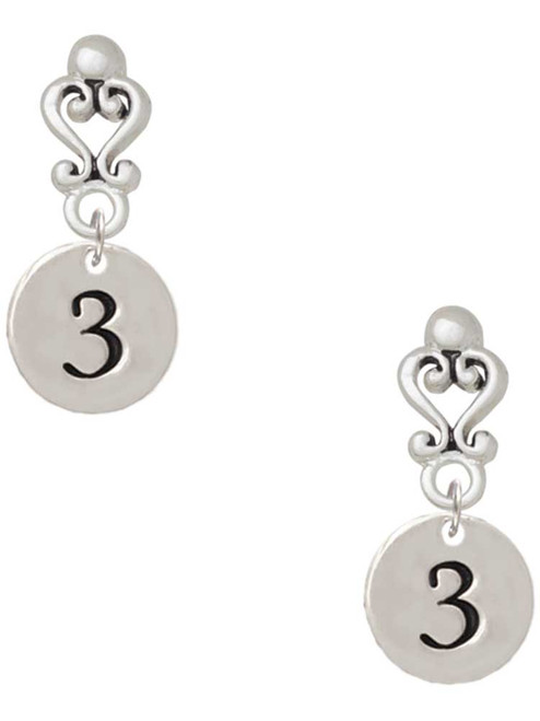 Silver Plated Disc Number - 3 - Filigree Heart Post Earrings