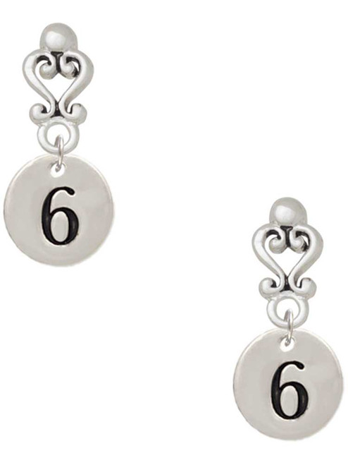 Silver Plated Disc Number - 6 - Filigree Heart Post Earrings