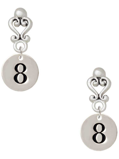 Silver Plated Disc Number - 8 - Filigree Heart Post Earrings
