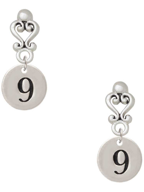 Silver Plated Disc Number - 9 - Filigree Heart Post Earrings