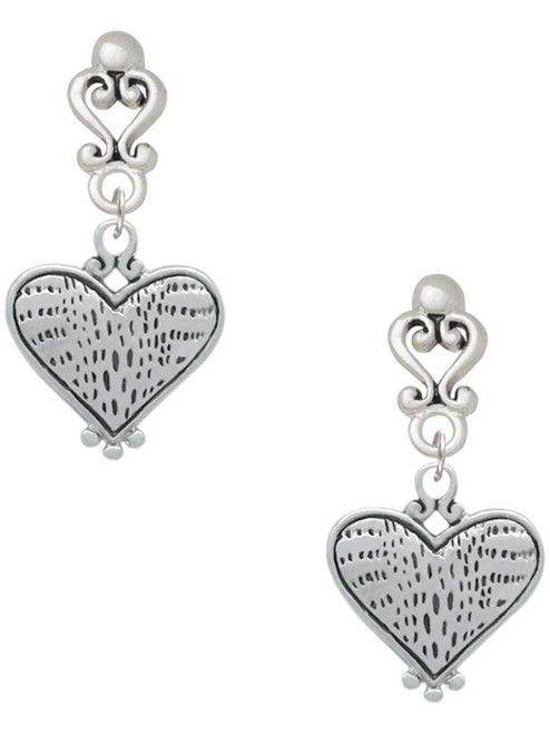 Silver Plated Antiqued Alligator Print Heart - Filigree Heart Post Earrings