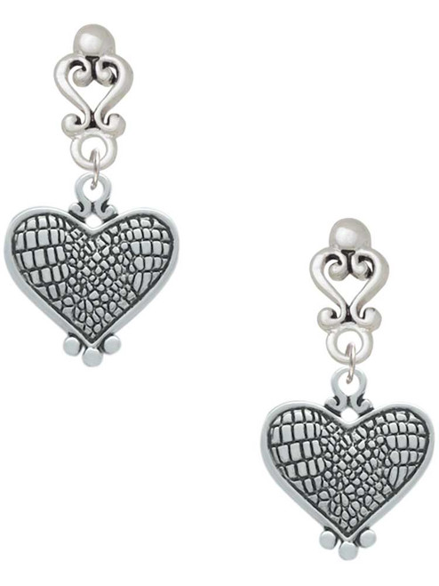 Silver Plated Antiqued Snake Print Heart - Filigree Heart Post Earrings