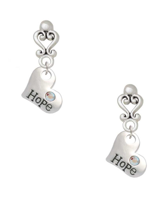Silver Plated Hope Heart with AB Crystal - Filigree Heart Post Earrings