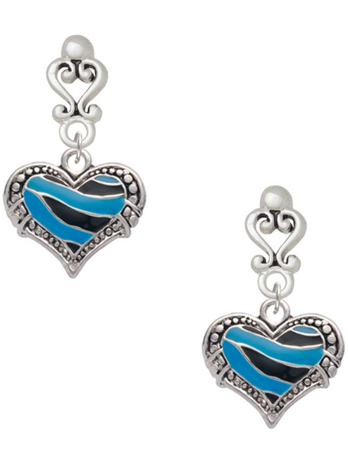 Silver Plated Hot Blue Tiger Print Heart - Filigree Heart Post Earrings